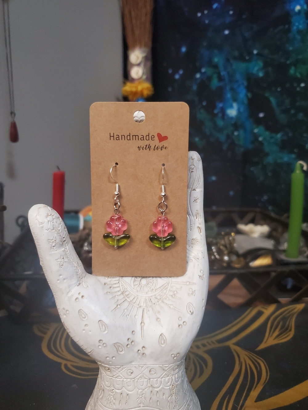 Handmade Pink Flower Drop Earrings With Sterling Silver Hooks